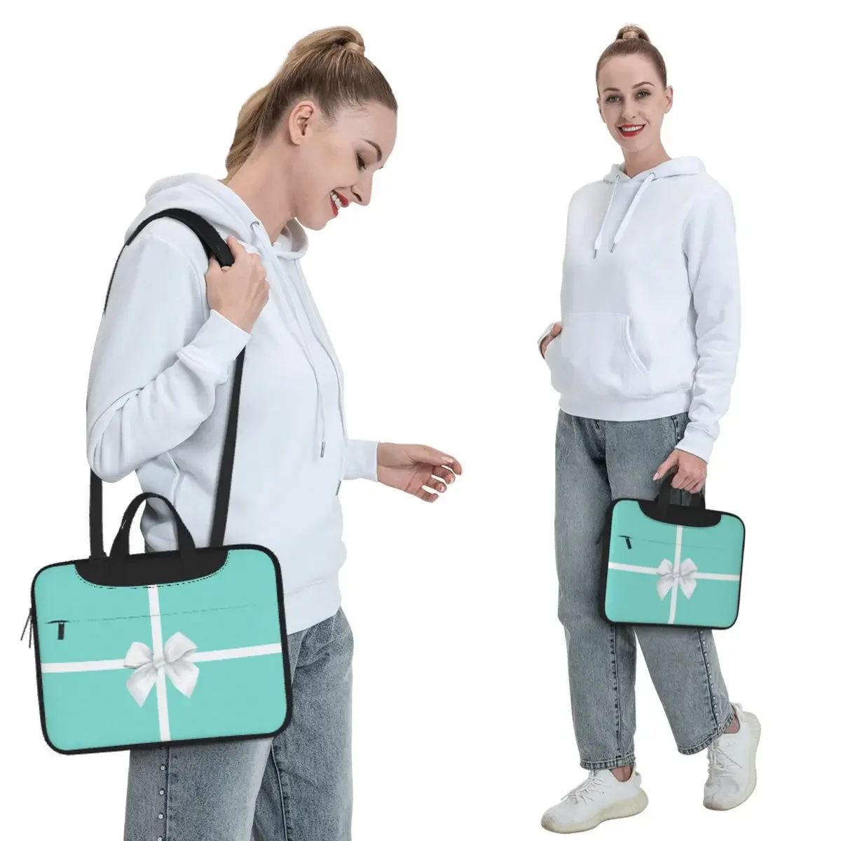 Turquoise Gift Box White Bow Crossbody Laptop Bag Case Computer Bag Resistant Protective Notebook Pouch for Macbook Pro Lenovo