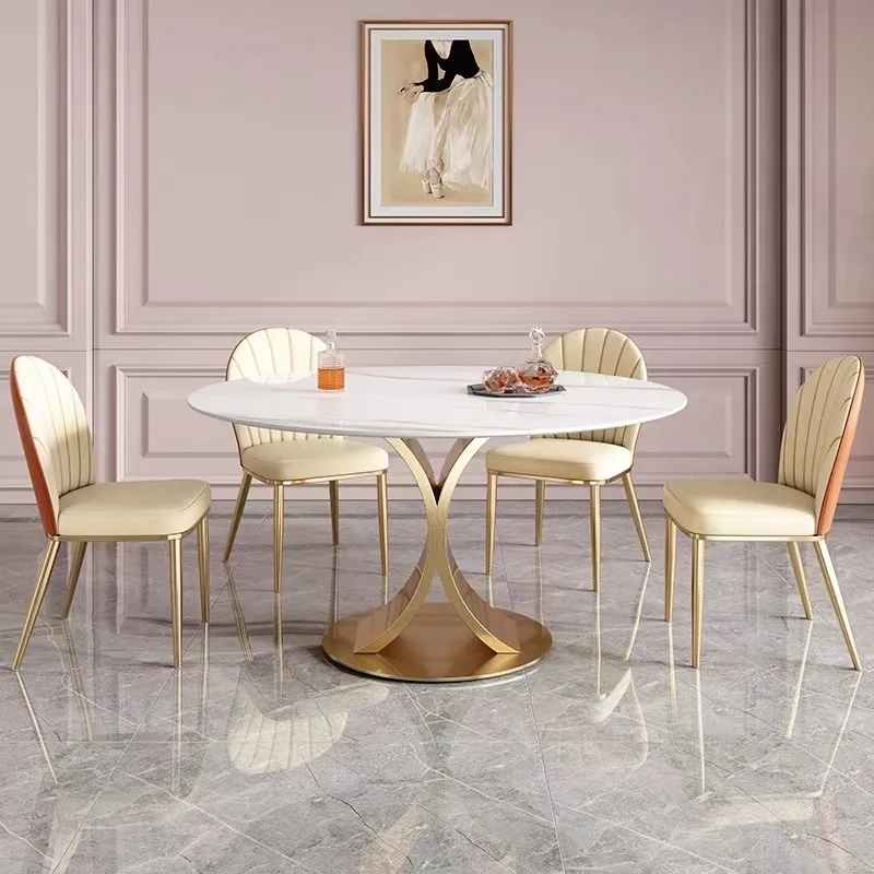 

Light luxury modern minimalist slate dining table and chair combination home size Italian-style bright round living room dining