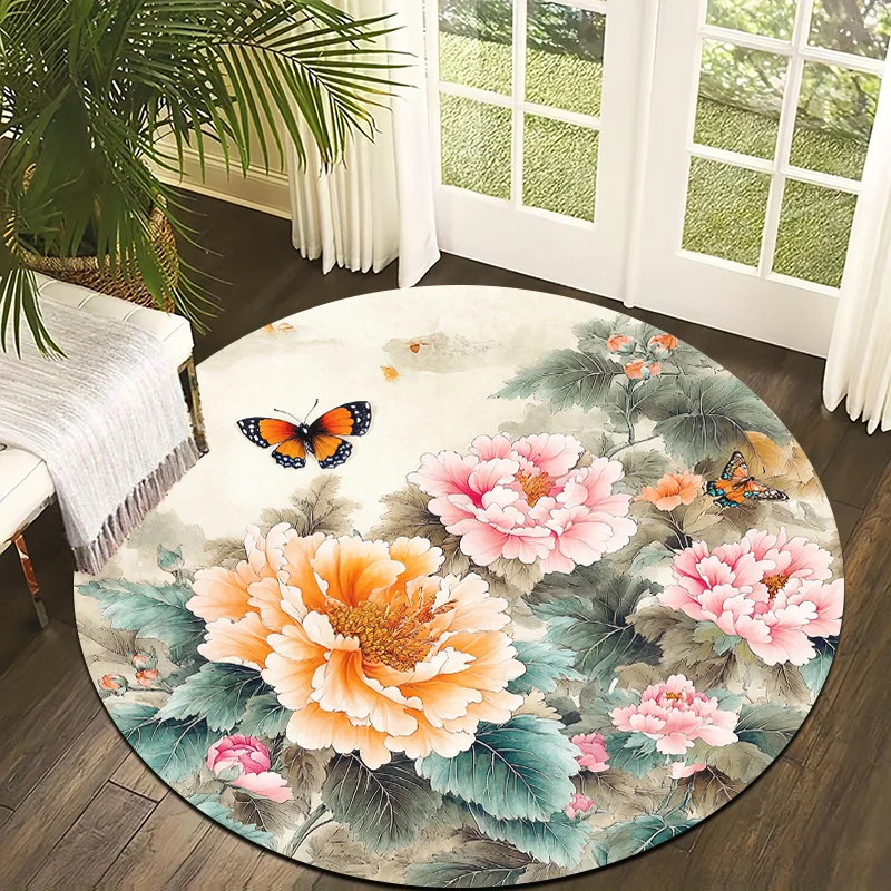 Luxury Golden Line Large Floral Round Rug  Grey Marble Background Abstract Flower Circular Non Slip Chair Mat for Bedroom Vanity