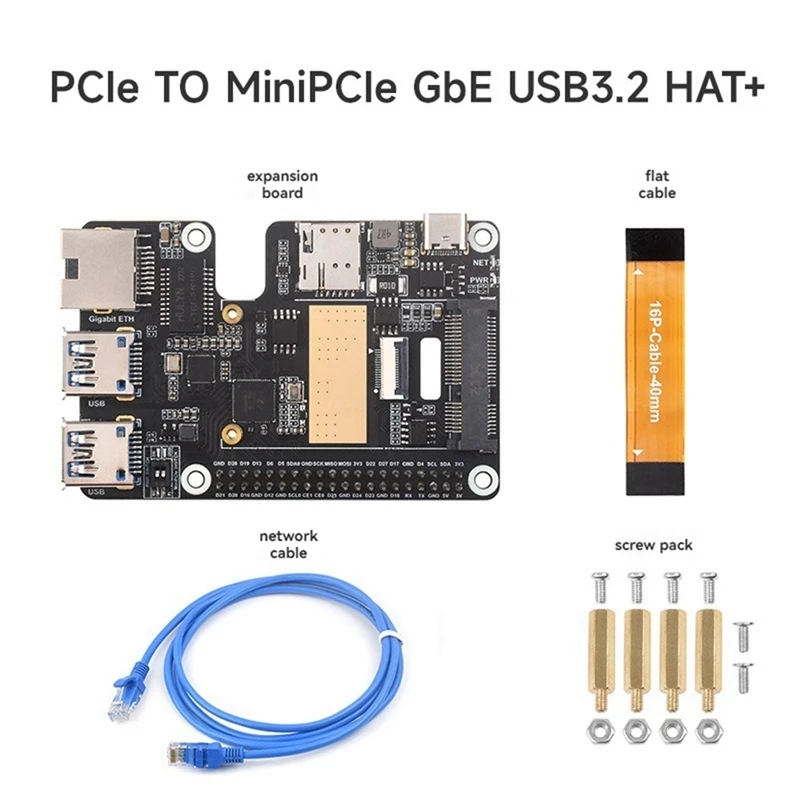 For Raspberry Pi 5 Pcle To Minipcle Gbe USB3.2 HAT+ Gigabit Ethernet Supports Minipcie Interface 4G Module