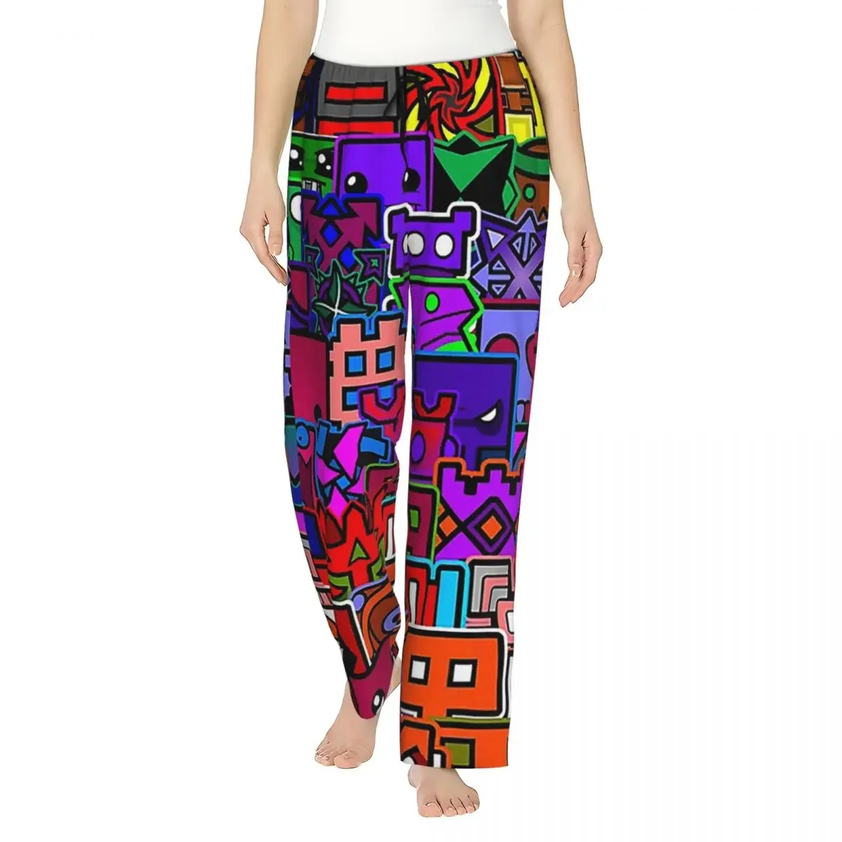 Custom Video Game Geometry Dash Women Pajama Pants Lounge Sleep Sleepwear Bottoms with Pockets