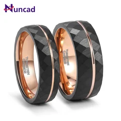 8mm 6mm Tungsten Ring Simple Rhombic Rhombus Inlaid with Rose Gold Color Line Lovers 6mm 8mm Black Tungsten Steel Ring Size 6-13