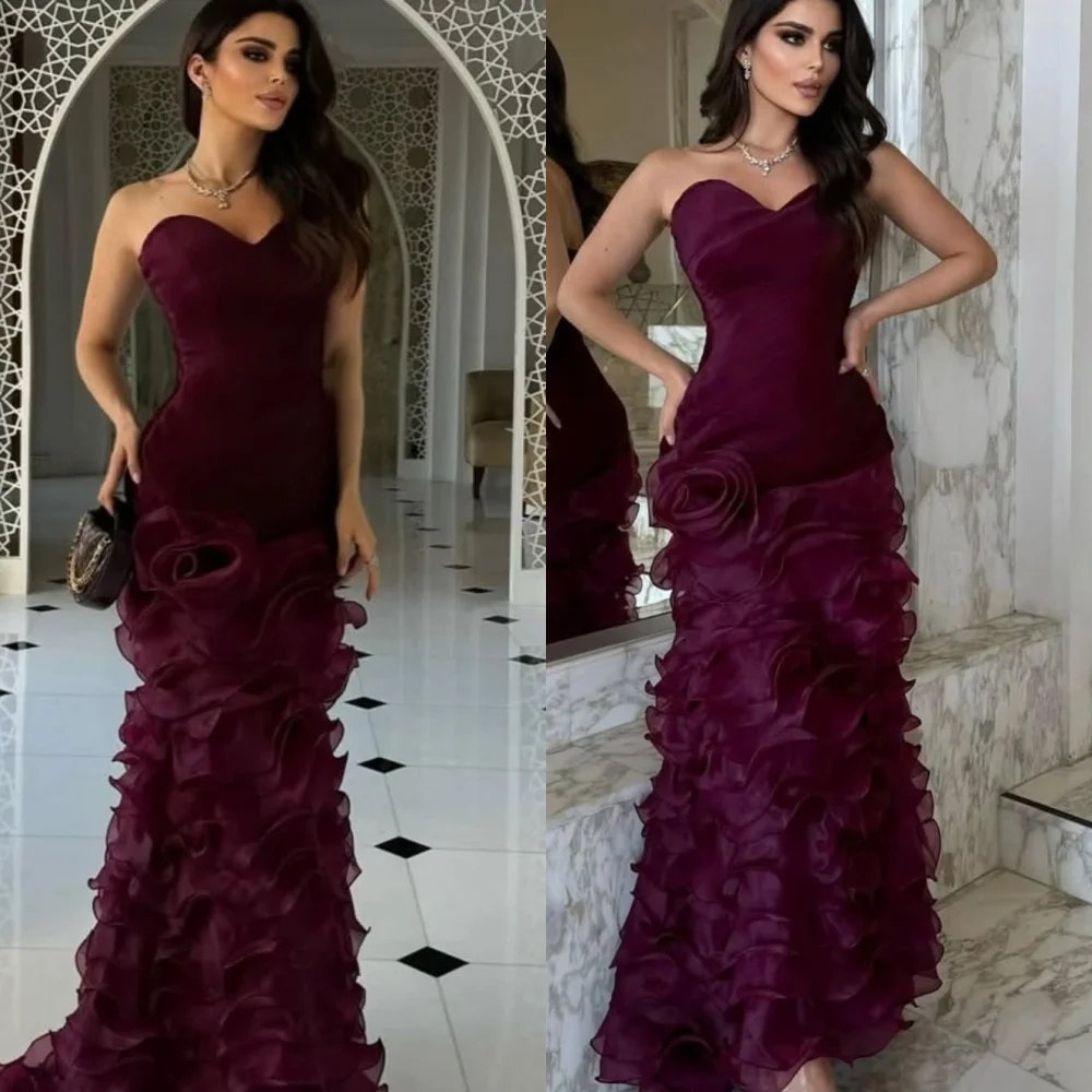 

Customized Exquisite Strapless Sleeveless Evening Dress High Quality Satin Prom Dresses Delicate Burgundy Special Occasion Gowns