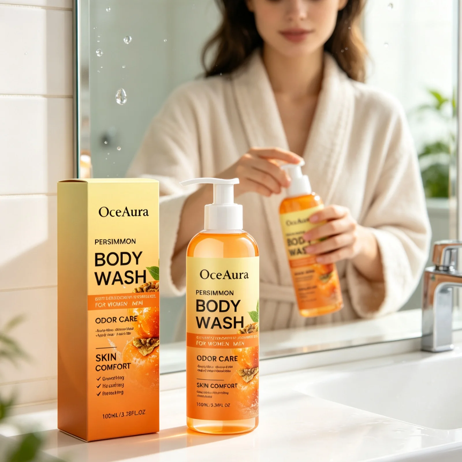 OceAura Persimmon Body Wash Quick Foaming Deep Moisturizing Skin Gentle Cleansing Long Lasting Fragrance Daily Shower Gel 100ml