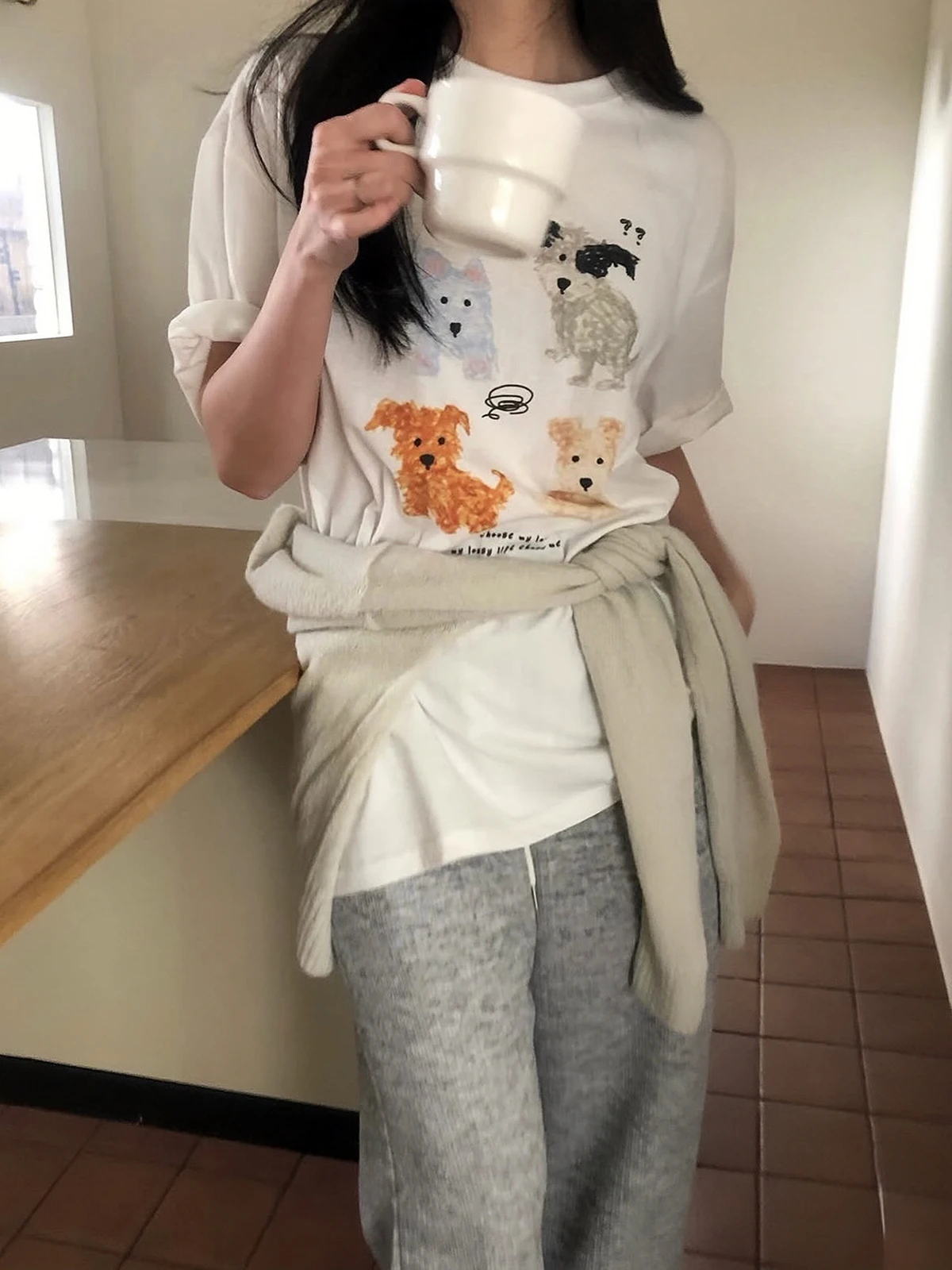 Loose Casual Women's T-shirt Short Sleeve Sakura Cartoon Graffiti  Print Dog Walking Summer Top Cotton 100% round Neck