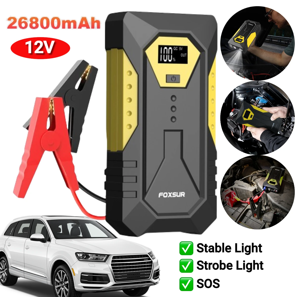 26800mAh Car Jump Starter Power Bank 12V Portable Car Battery Booster Charger Starting Device 800A Emergency Car Starter Buster