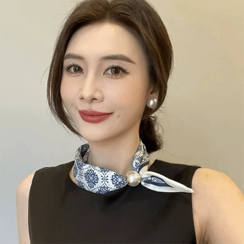 

High End Chic Lazy Scarf Polyester Lightweight Magnetic Buckle Scarf Convenient Thin Material Pearl Decoration Scarf Office Wear
