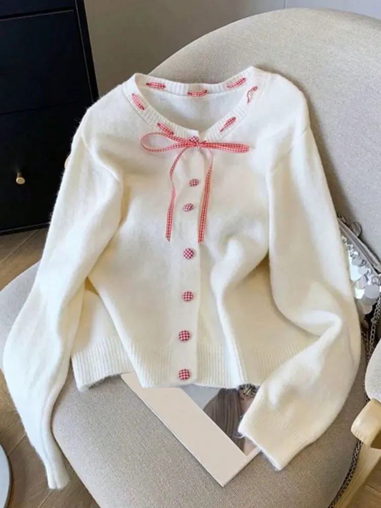 

New Sweet Plaid Tie Bow Versatile Round Neck Sweater Cardigan With Buttons Blouse Jacket Women's Elegant Clothing Hot Sale White