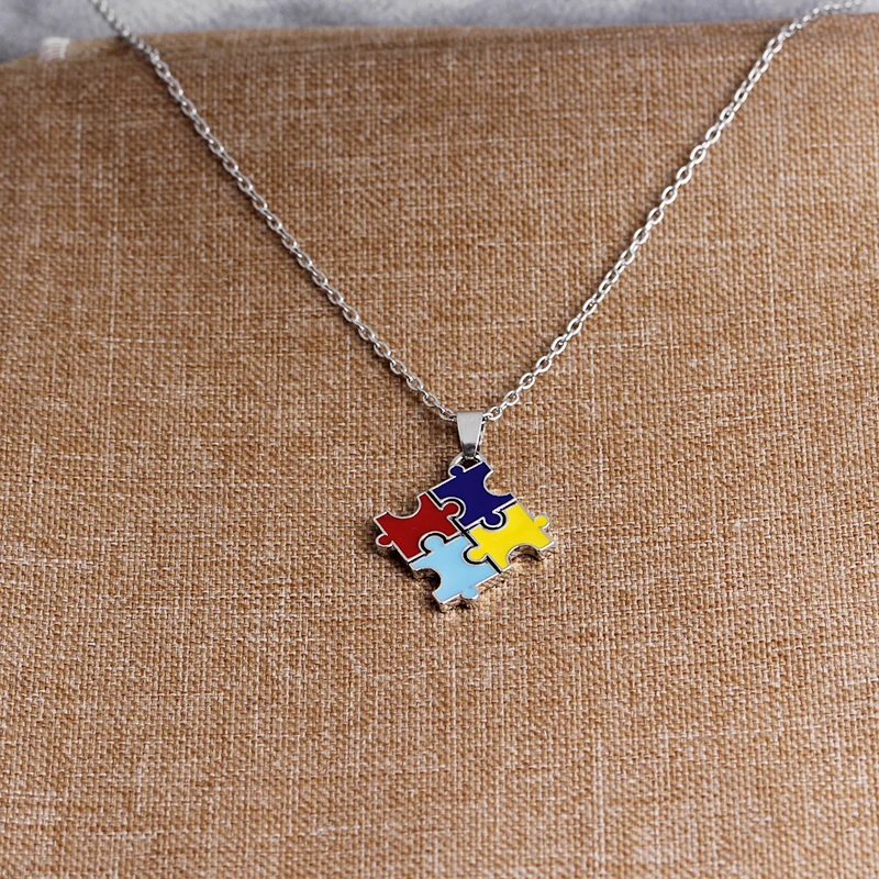 Colorful Stitching Yellow Red Blue Purple Enamel Jigsaw Puzzle Pendant Necklace For Kids Gift Birthday for Daughter Children