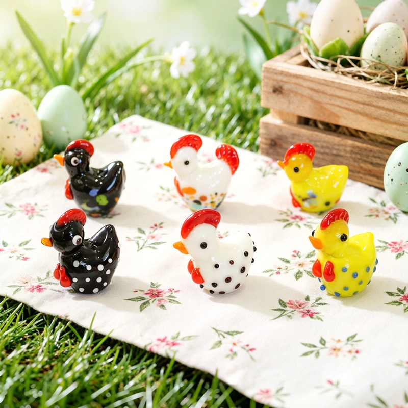 2pcs Cute Handmade Glass Chicken Mini Figurines Ornaments Home Living Room Tabletop Fairy Garden Decor Easter Chick Tiny Statues