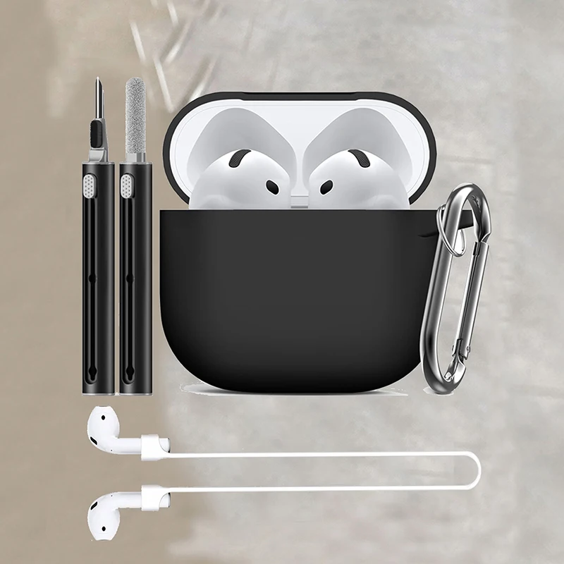 3-piece Set For Apple AirPods 4 Case With Cleaner Kit Soft Silicone Protective Cover For Women Men With Anti Loss Rope non-slip