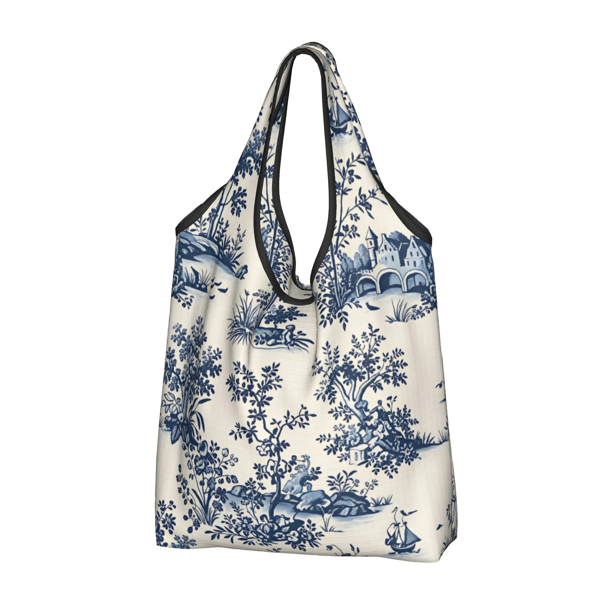 Recycling Toile De Jouy French French Country Shopping Bag Women Tote Bag Portable  Grocery Shopper Bags