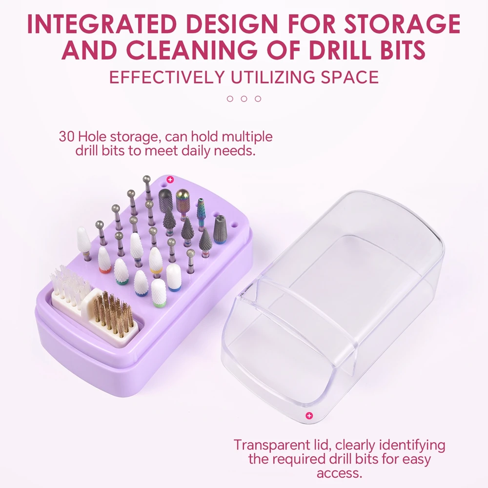 30 Holes Nail Drill Bits Storage Box with Cleanning Brush Manicure Salon Grinding Head Holder Display Nail Art Accessory