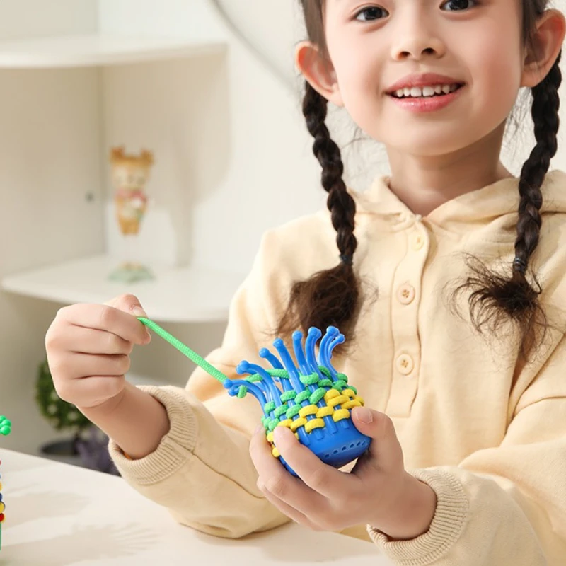 1 個/3 個手作り Diy 編み物糸通しおもちゃ子供の集中力細かい運動トレーニングフラワーバスケット編組ロープパズルおもちゃ