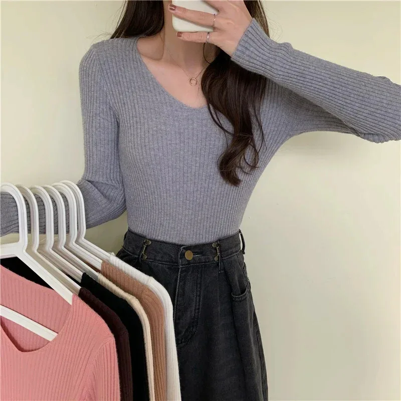 2025 Femme Basic Solid Jersey Tops Autumn Winter Women Sweaters Casual Long Sleeve Knitted Pullover Sweater Fashion Clothes