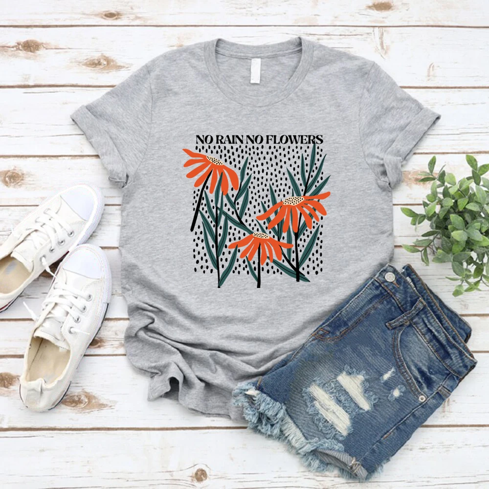 Flower Shirt No Rain No Flowers T-Shirt Floral Graphic Tees Women Short Sleeve T-shirts Wildflower Tshirt Casual Women Clothes