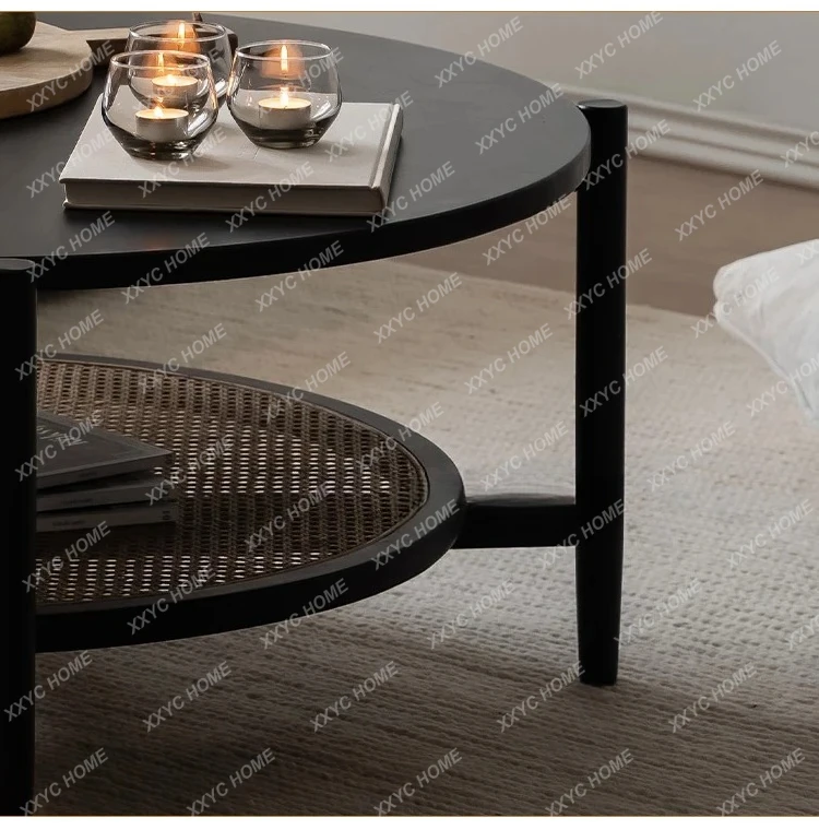 LRetro solid wood coffee table round rattan movable living room casual simple modern small apartment