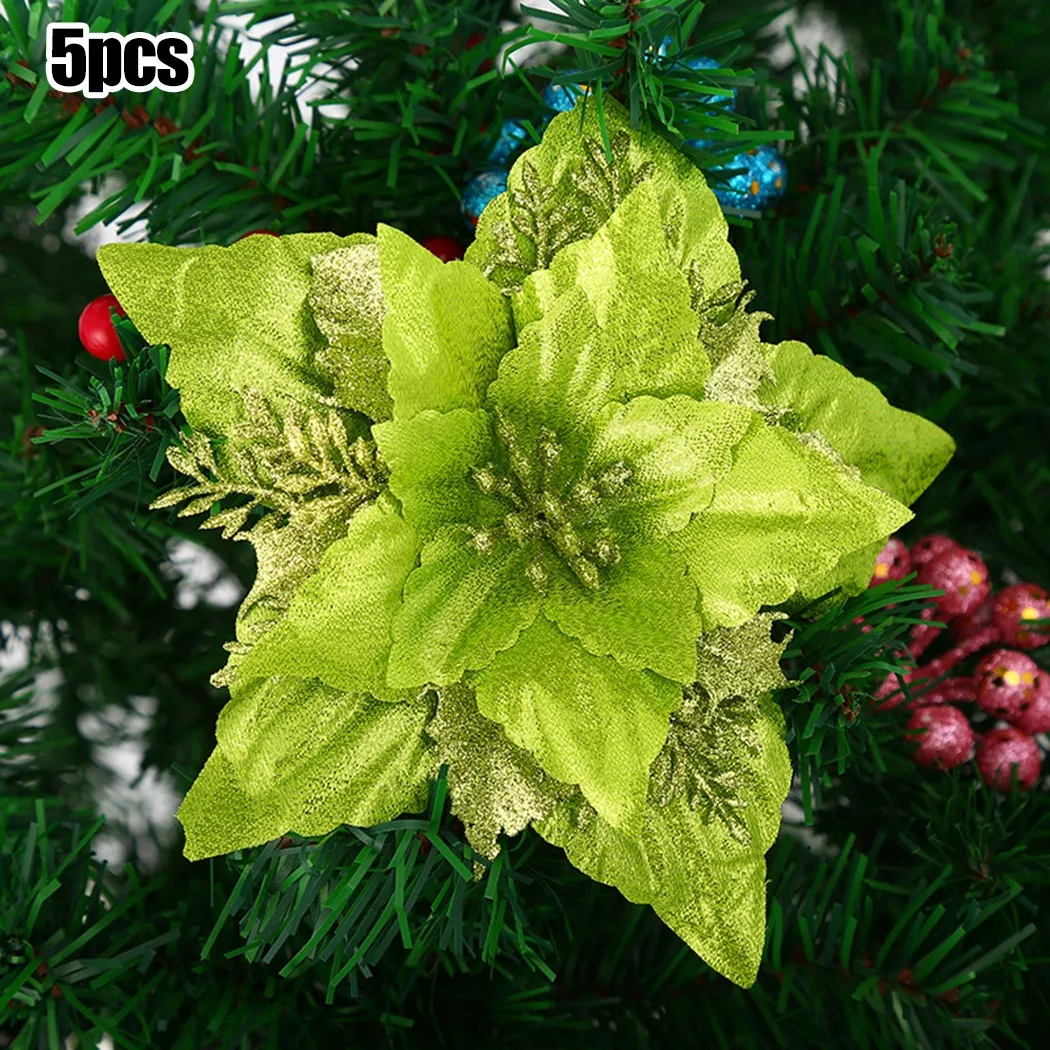 

Polyster Christmas Flowers Glitter Hanging Large Party Poinsettia Tree Xmas 5pcs Christmas For Christmas Tree New