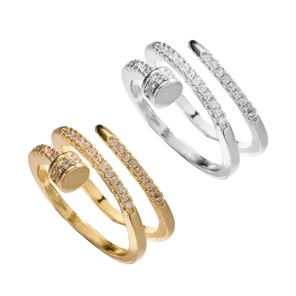 Image of Modischer Ring aus Kupfer mit eingelegtem Zirkon, vielseitige dreikirige einfache Nagelringöffnung