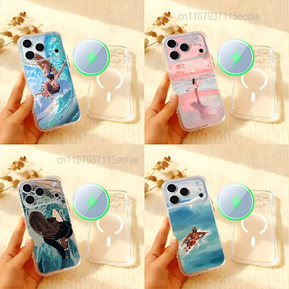 

Surfboard Surfing Art Surf Girl Summer Phone Case For iPhone 17,16,15,14,13,12,11 Pro,Max,Plus,Mini,Air,E Magnetic Frosted Clear