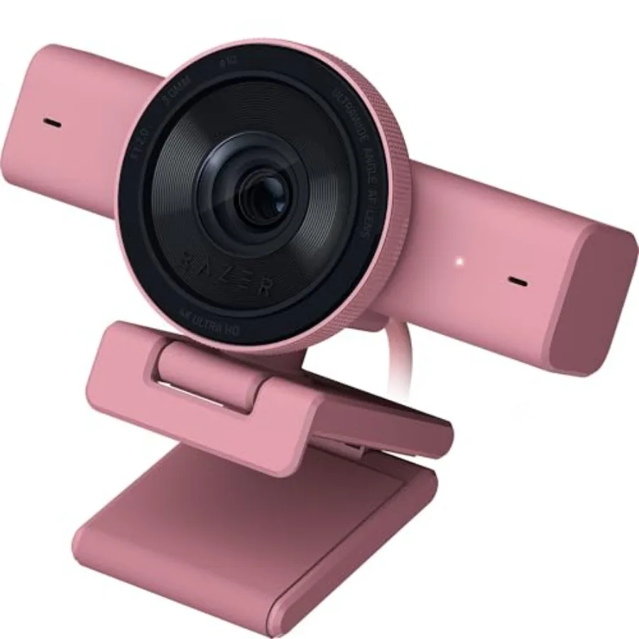 Streaming webcam for content creators: plastic pink 4K/30FPS 1080p/60FPS with AI auto-framing, ultrawide lens, built-in mic, pr