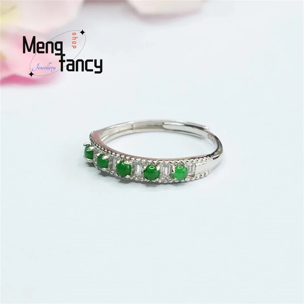 S925 Silver Lnlaid Natural Jadeite Ice Type Imperial Green Row Exquisite Elegant Simple High-grade Ring Couple Fashion Jewelry