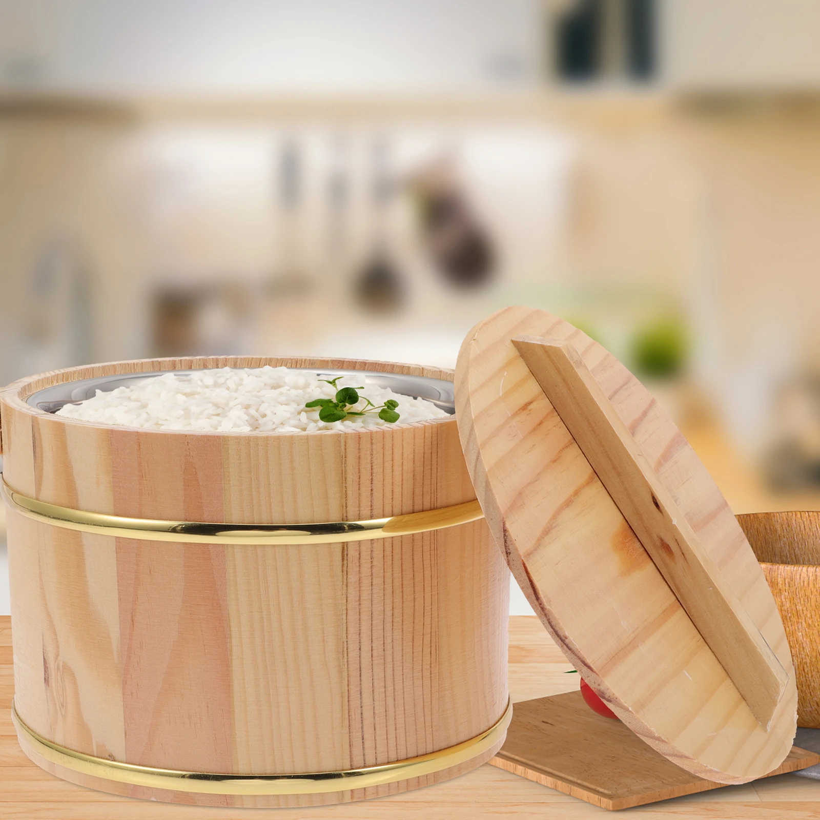 

2PCS Wooden Rice Bucket Lid Steam Food Container Kitchen Gadget Anti Hot Handle Polished Sushi Tofu Serving