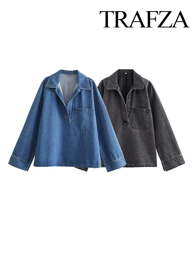 

TRAFZA Autumn Women Fashion Denim Coat Vintage Lapel Pocket Decoration Long Sleeve Top Split Hem Female Solid Pullover Top Mujer