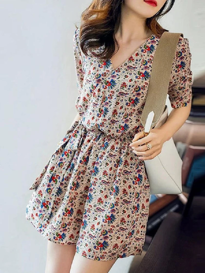 

Summer New Women's Chiffon Jumpsuit ort Sve Floral Print Wide Leg ort Dr Slimming Five-Quarter Pants One-Piece Suit