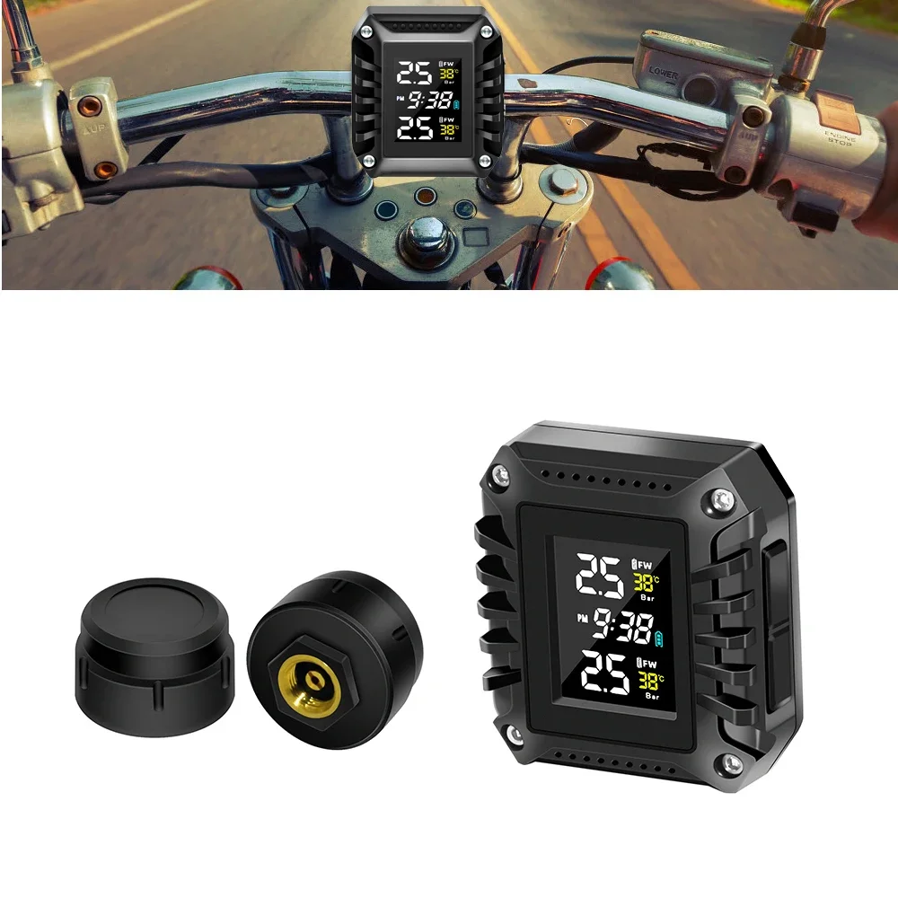 Monitor de presión de neumáticos de motocicleta, pantalla Digital de tiempo, Detector de presión de neumáticos inalámbrico externo para motocicleta con 2 externos