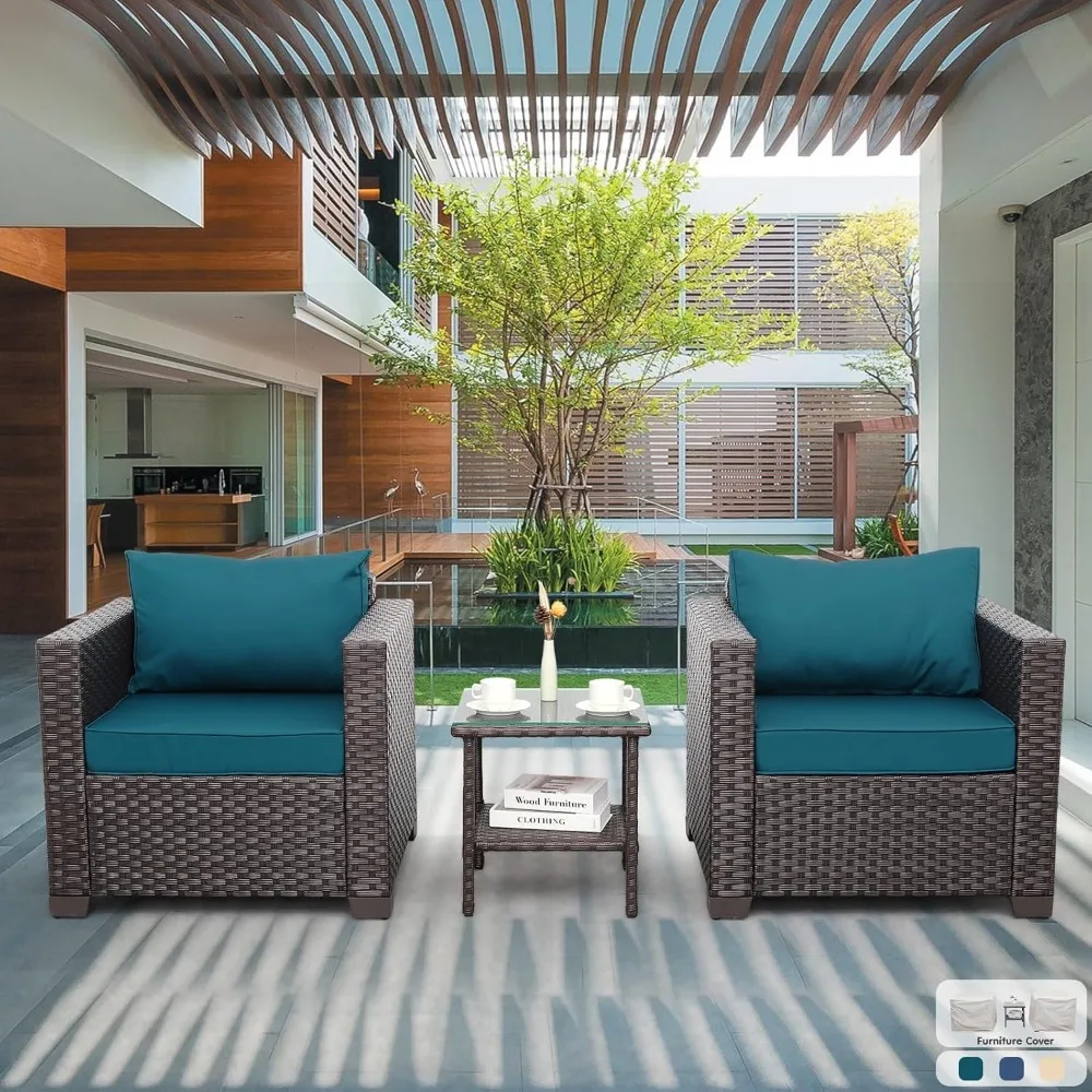 

Patio Furniture 3 Piece Patio Set Patio Conversation Sets Outdoor Chairs and Glass Side Table Balcony Furniture with Non-Slip Cu