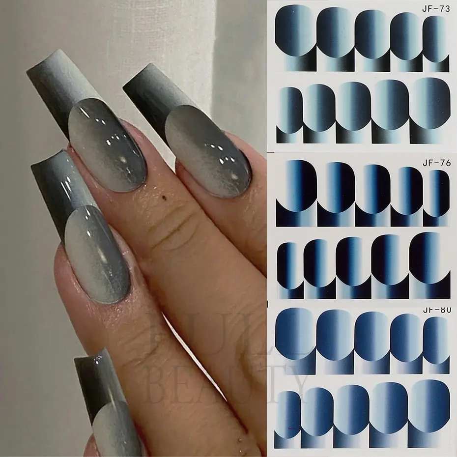 Vertical Ombre French Tip Nails Stickers Gradient Sliver Black Water Wrap Sliders Full Cover Manicure Decals Accessories JF73-84