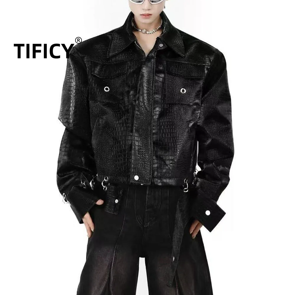 TIFICY Crocodile Patterned Shoulder Pad PU Leather Jacket Men's Patchwork Design High-end Black Jackets Top Men Clothing