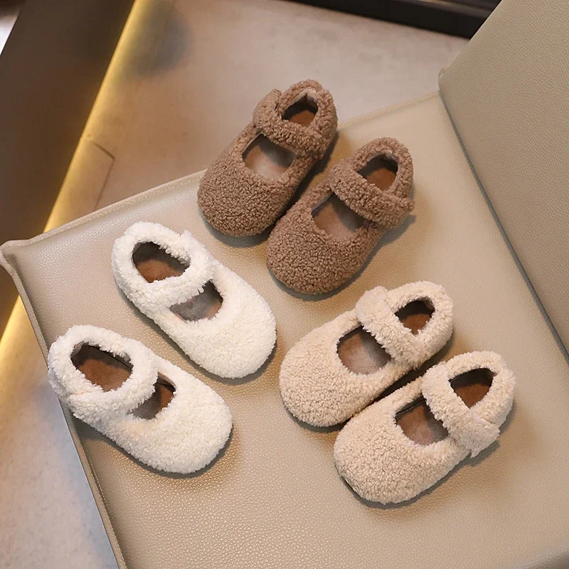 Furry New Winter Outdoor Thermal Shoes Girl Fluffy Princess School Shoes Leisure Shallow Kids Fur sneaker