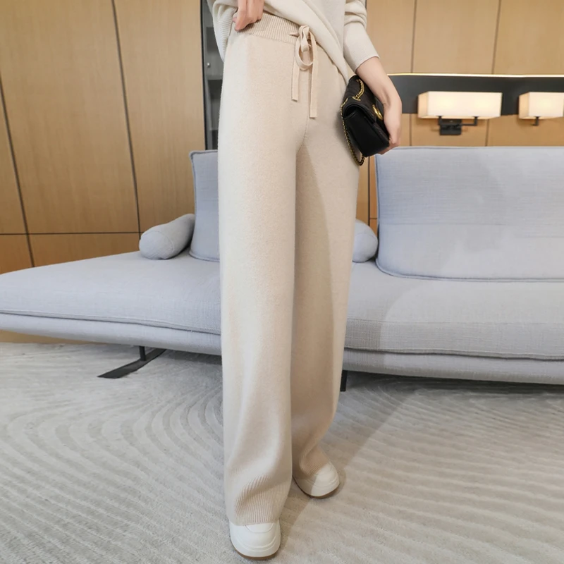 100% wool Knit Wide-Leg Pants Women's Elastic Waist Loose Straight Trousers Leisure Thick Drawstring Mopping Pants