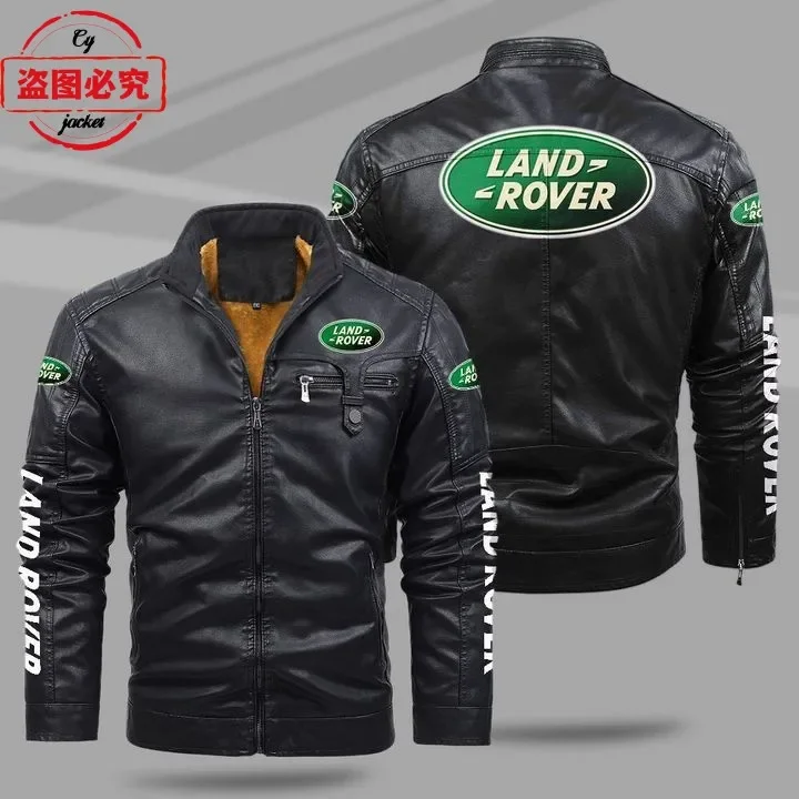 Car LOGO jacket cycling windproof winter velvet warm men's PU leather solid color jacket Land Rover car logo jacket