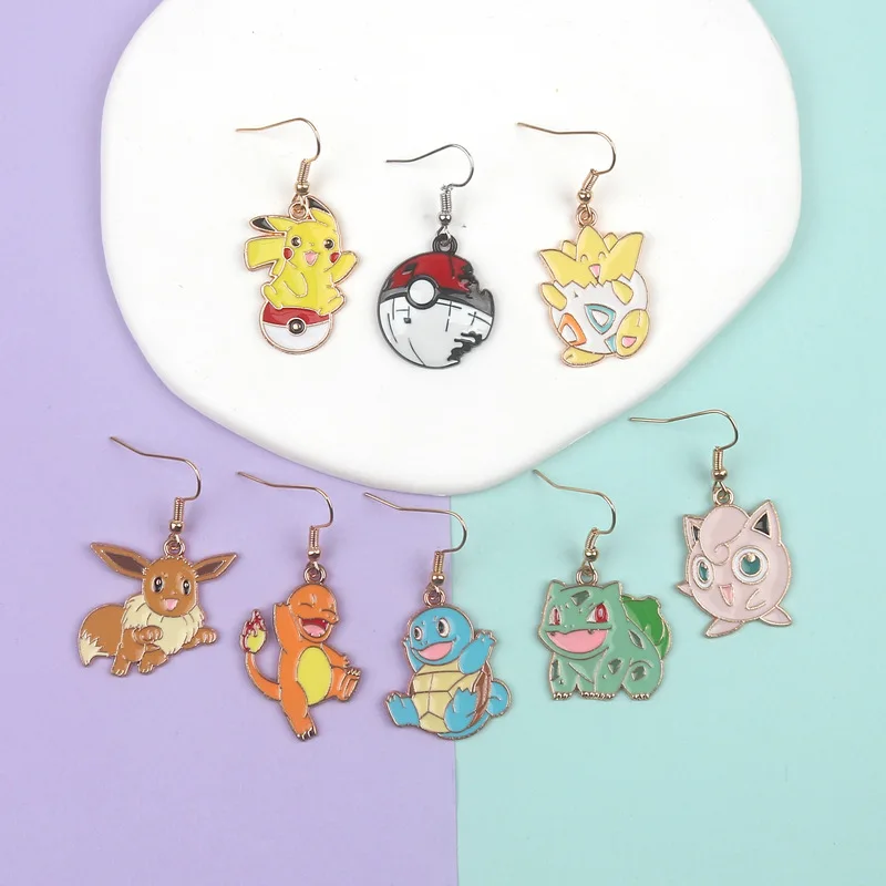 2Pairs Anime Pokemon Metal Earrings Cute Figure Pikachu Squirtle Psyduck Bulbasaur Jigglypuff Jewelry Party Decoration Gift