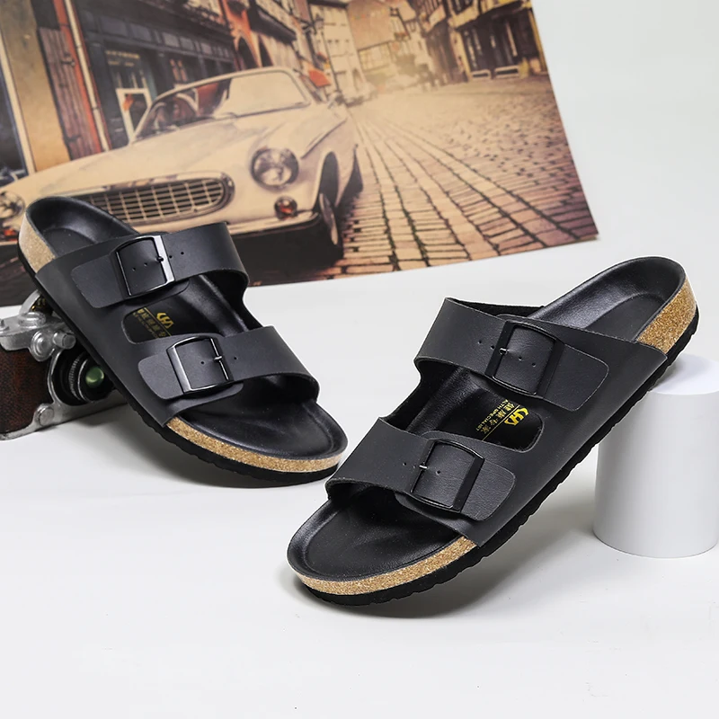 Summer Beach Sandals Classic Double Button Black Slippers Shoes Leather Soft Footwear Male Soft and Comfortable Bottom Slippers