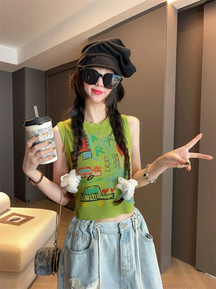 

Женский трикотажный жилет Slim Fit, летний, новый, универсальный, базовый, укороченный, с цветочным узором, для повседневной носки