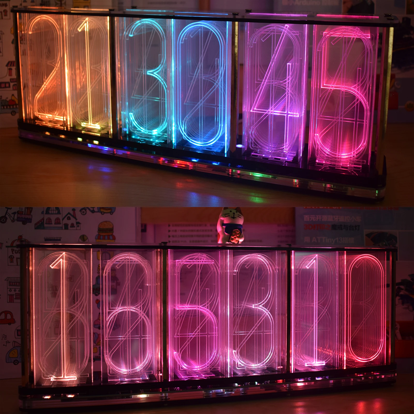 【Largest Version】Oversized Schrift Analog Nixie Uhr Regenbogen LED-Full-Farbe Musik Spektrum DIY DS3231 Desktop Uhr Kit