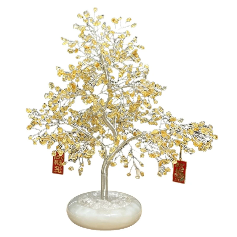 LTT Natural Citrine Lucky Tree Handmade Silver Woven Fortune Tree Desk Feng Shui Ornament