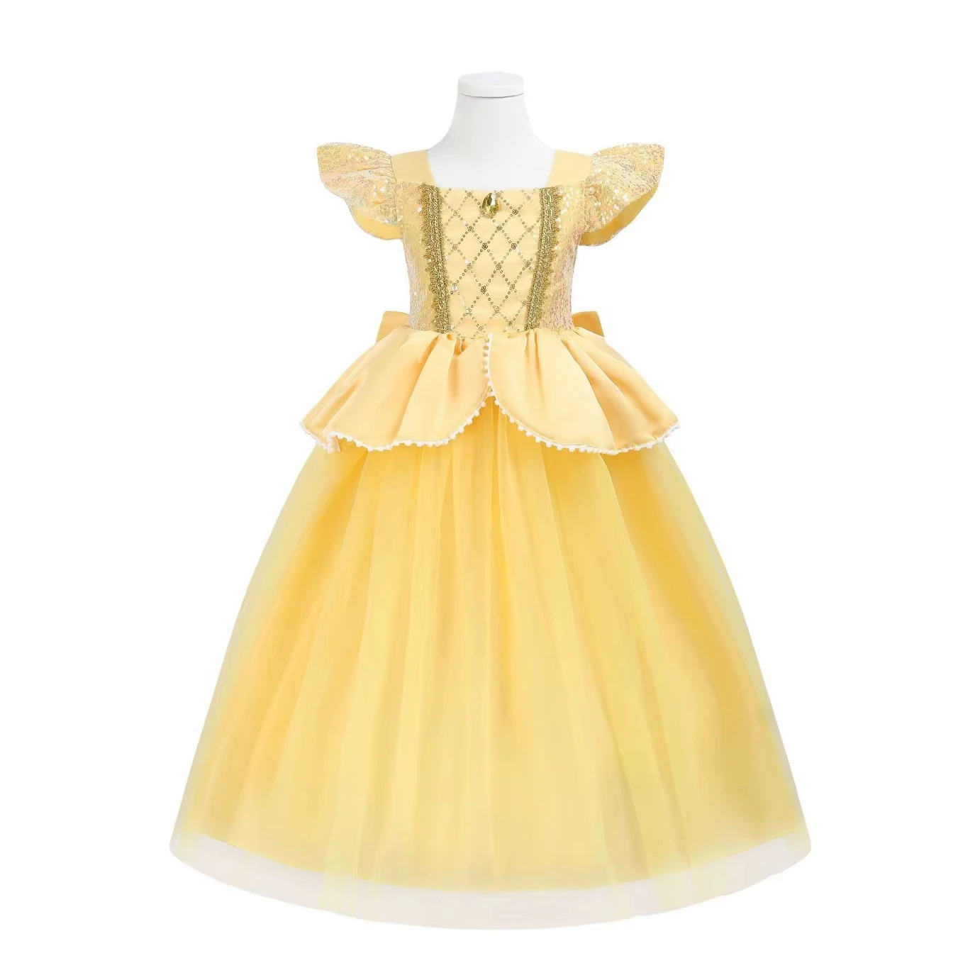 Girls Deluxe Belle Princess Dress Kid Elegant Fancy Bow Mesh Dress Cosplay Beauty and The Beast Costume Ball Gown Kid Halloween