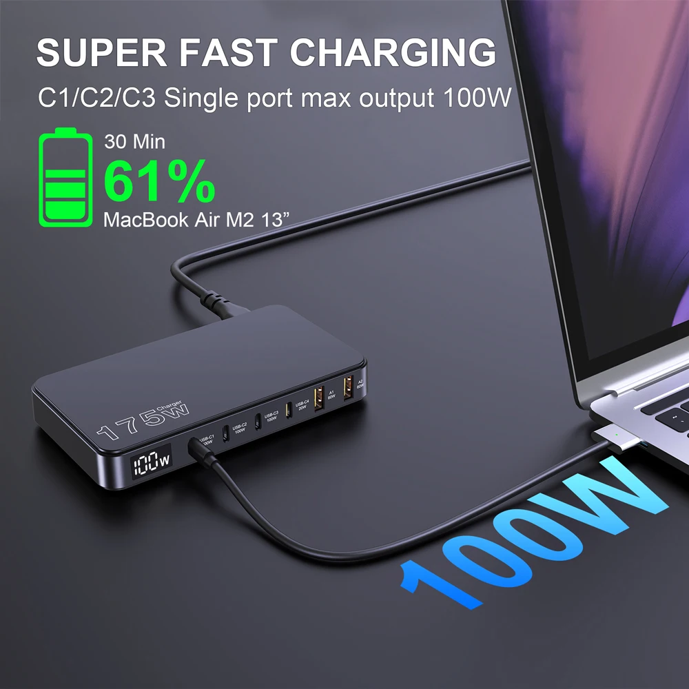 شاحن Ueetop 175 واط شاحن USB C GaN بشاشة LED 6 منافذ شاحن سطح المكتب من النوع C PD 100W PPS 45W للشحن السريع لجهاز MacBook Samsung iPhone