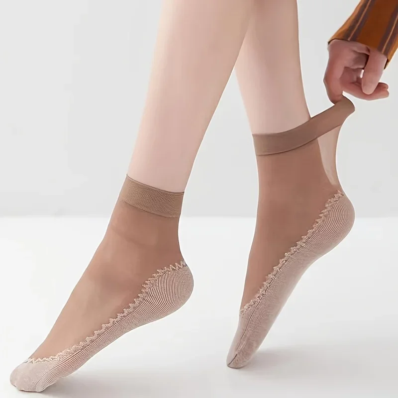 5 Pairs Simple Semi-sheer Women Socks,Breathable Comfy Bottom Non Slip Women Socks,Women's Stockings & Hosiery