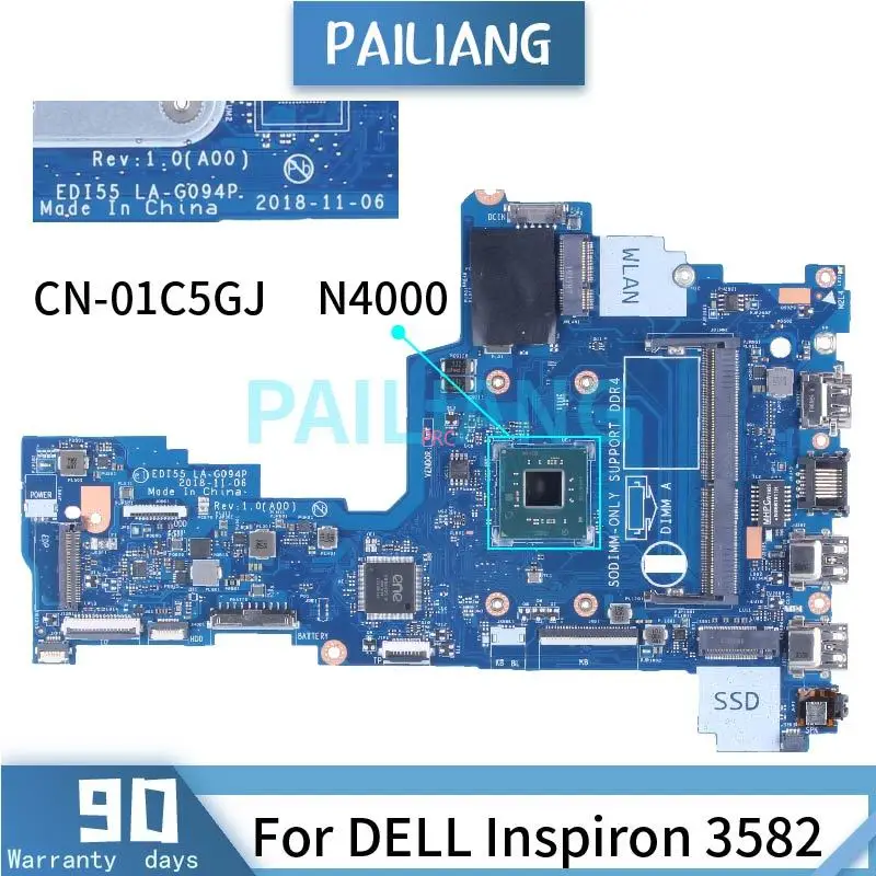 

N4000 For DELL Inspiron 3482 3582 Laptop Motherboadrd CN-01C5GJ 01C5GJ EDI55 LA-G094P SR3S1 DDR4 Notebook Mainboard Tested