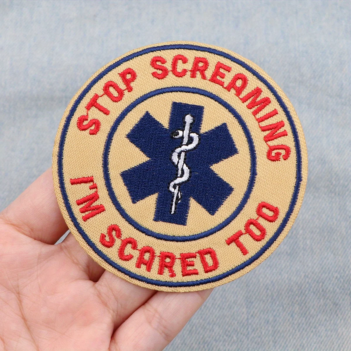 STOP SCREAMING SCARED Funny Meme First Aid Iron-on Patch – Humorous Embroidered Iron-On Patch for Backpacks, Jackets and DIY