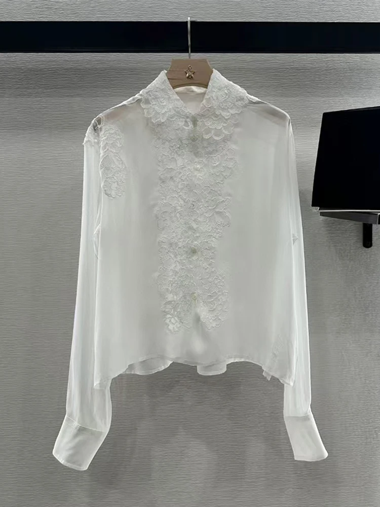 2025 spring women's new heavy craft embroidery lace lapel silk shirt fashion everything straight down shirt