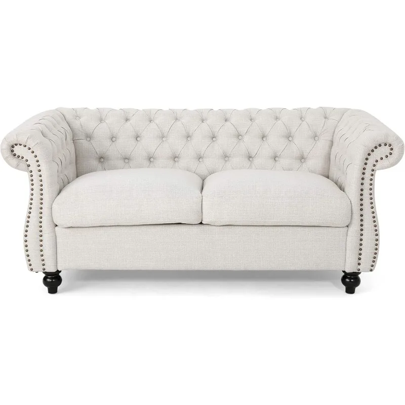 Karen Traditional Chesterfield Loveseat Sofa, Beige and Dark Brown, 61.75 x 33.75 x 27.75