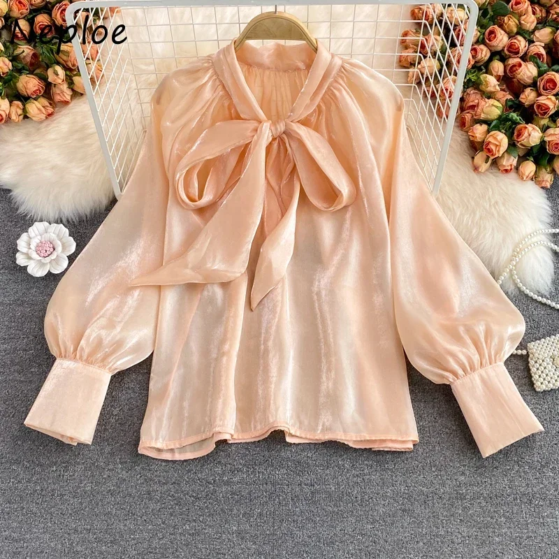 Neploe Fashion Temperament Tops Women Autumn New Fairy Loose Blouse Woman Bow V-neck Solid Color Blusas Mujer De Moda 2024