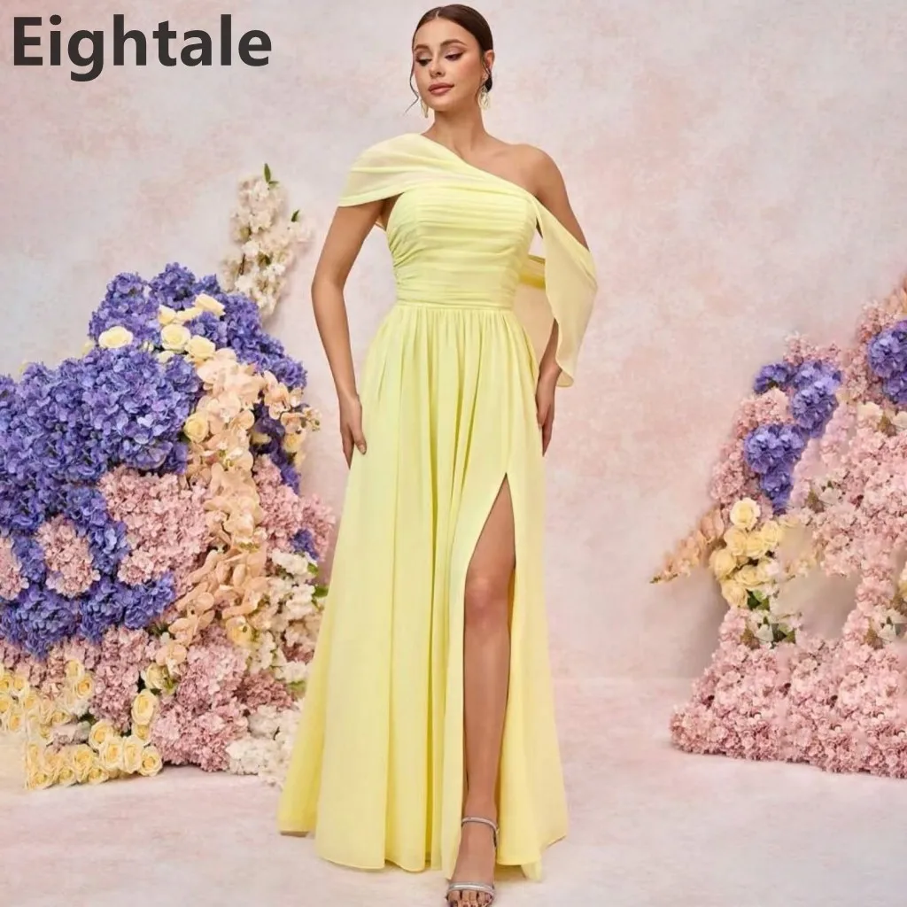 Eightale 2025 amarelo chiffon fora do ombro uma linha maxi vestido de noite árabe saudita fenda vestido de festa de baile vestidos formais personalizados